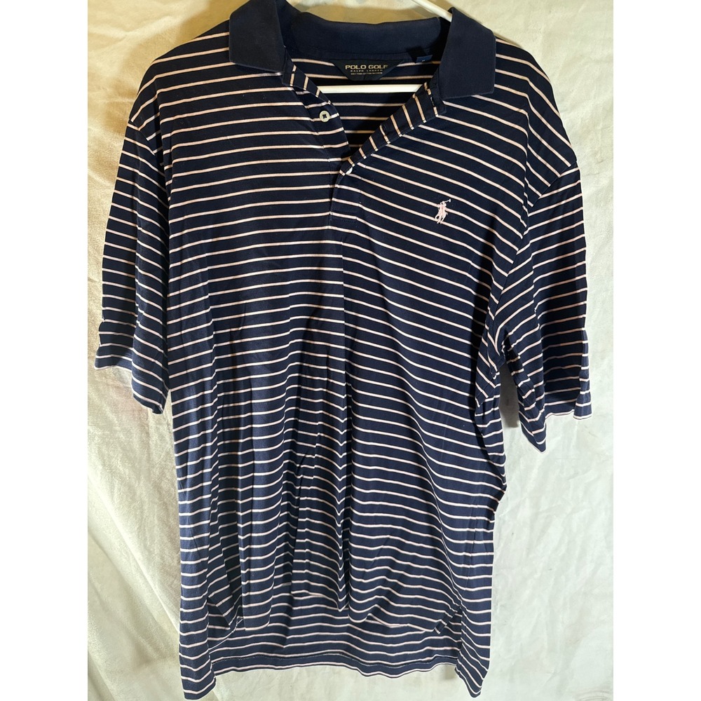 Polo Golf Ralph Lauren Mens Medium Navy Blue Striped Pima Cotton Polo Shirt